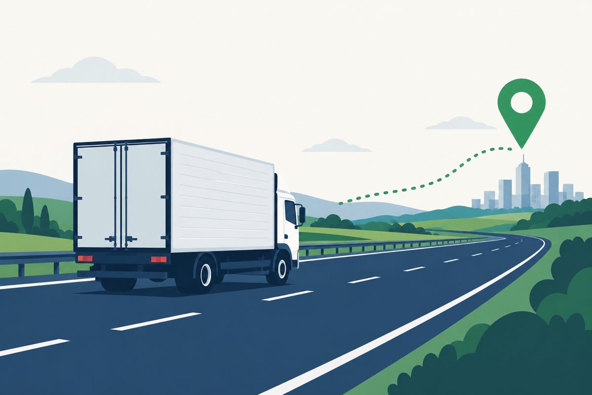 Ilustração de um caminhão baú na estrada, com uma rota tracejada até um marcador verde de localização